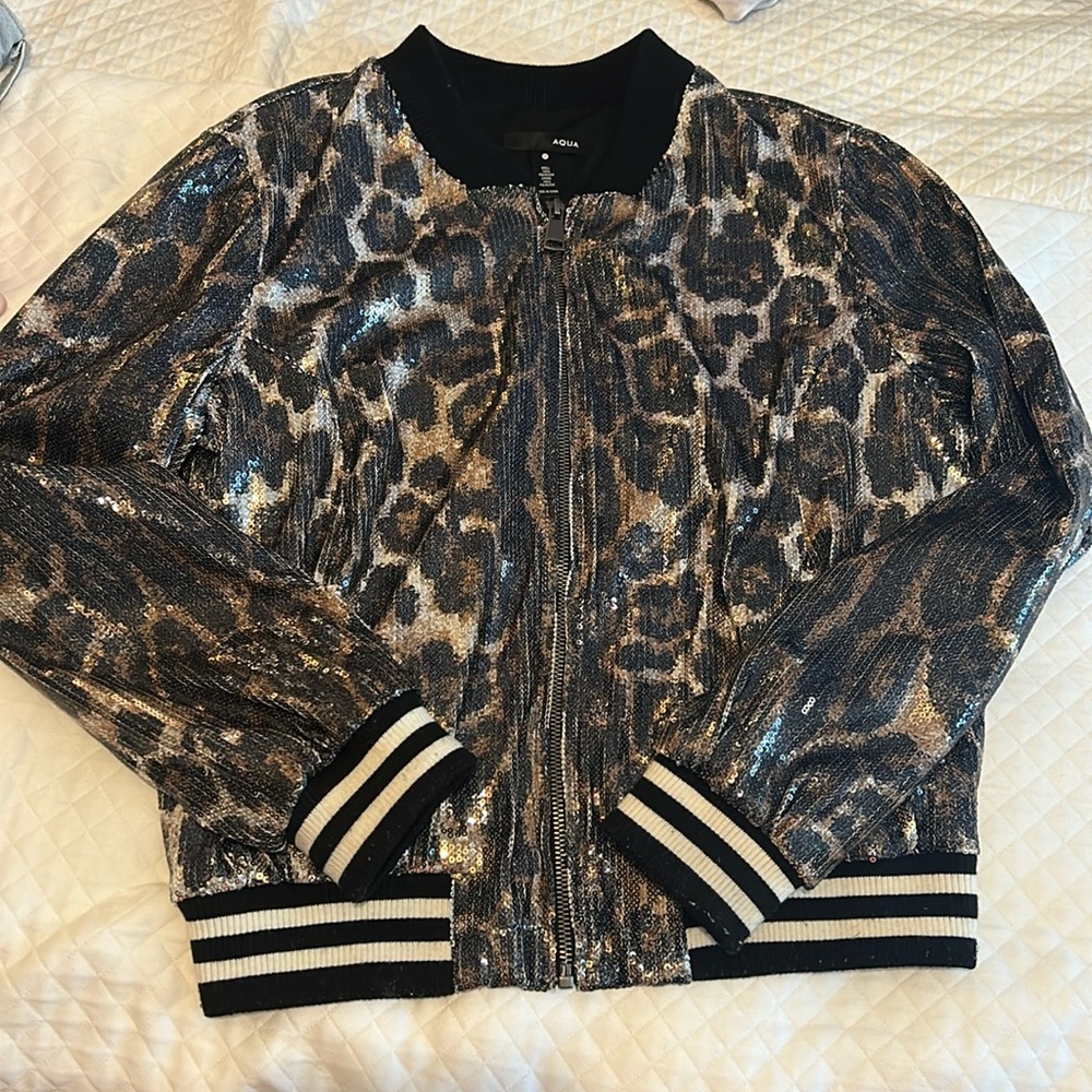 AQUA cheetah print sequin bomber jacket